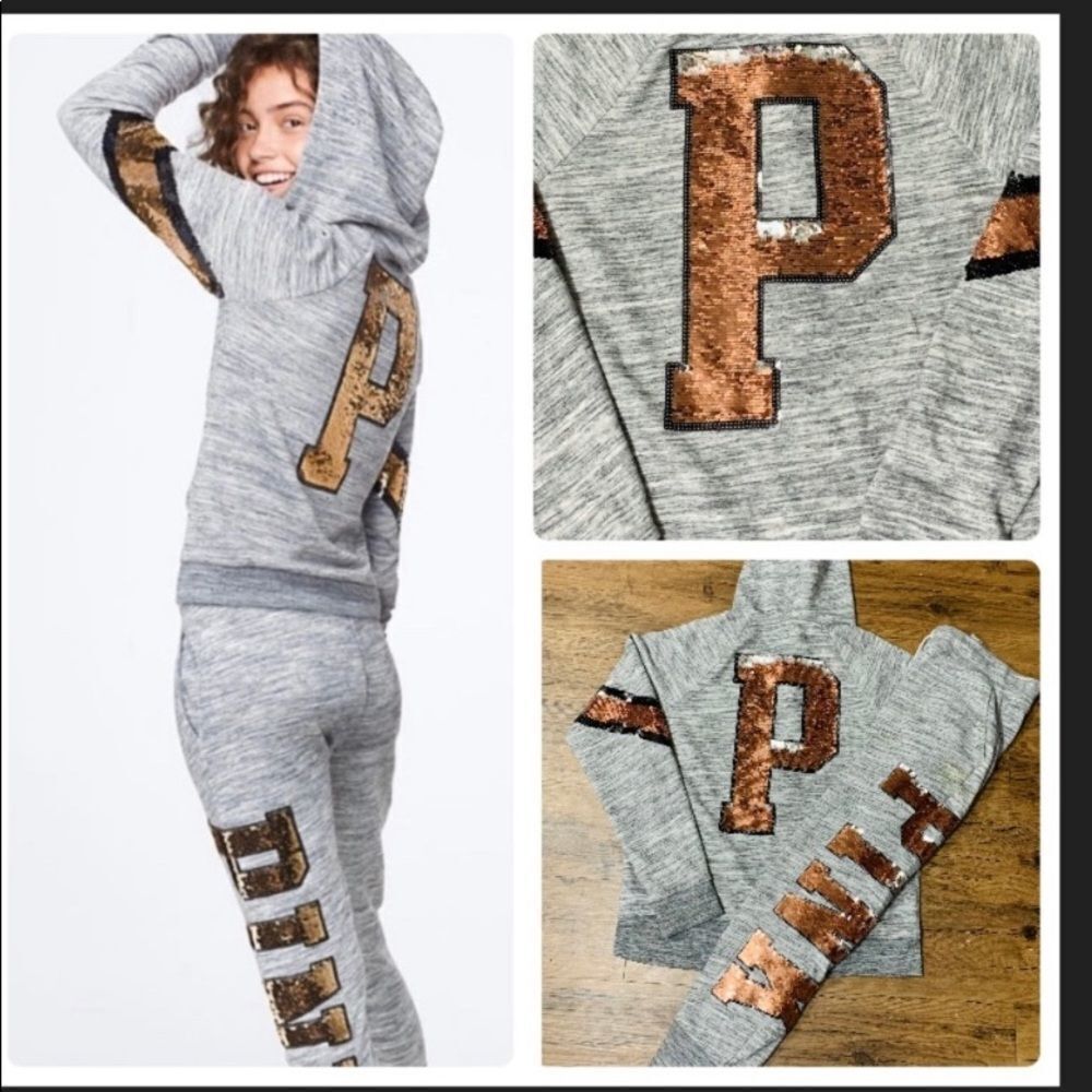 VS PINK REVERSIBLE BLING HOODIE WITH JOGGERS OUTFIT SET XS